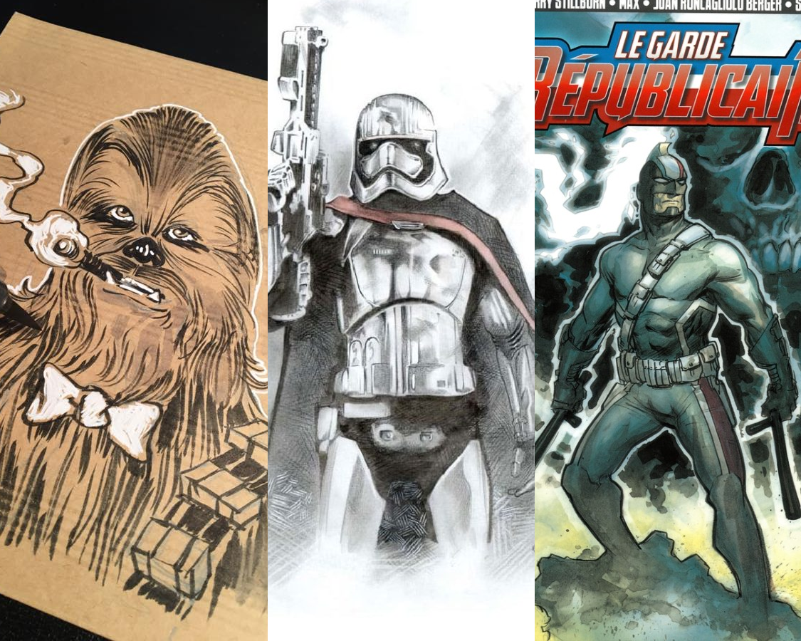 Cumul d'illustrations. Dans l'ordre : un dessin de Chewbacca par Stew Patrikian, un dession d'un mandalorien par Christophe Hénin et un couverture du Garde Républicain